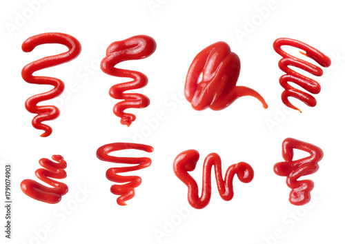 Canvas Print Set of squeezed tomato ketchup curved lines close-up on white background
