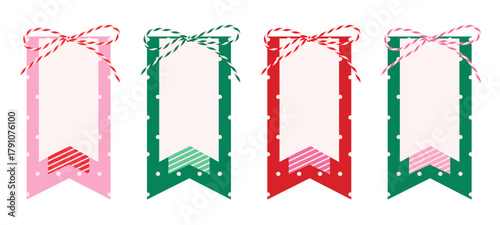 Set of christmas paper scrapbooking tag with white frame, gift label tied up with cotton striped red rope bakers twine bow, ribbon for New Year. Hand drawn isolated flat vector EPS10