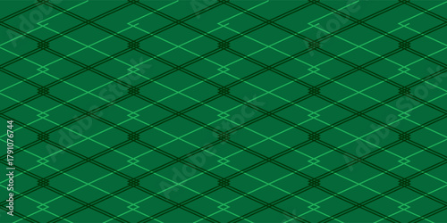 Christmas rhombus seamless pattern. Xmas plaid texture with gold line and stars. Green argyle geometric diamond abstract pattern. Christmas wrapping. Vector illustration isolated on green background.