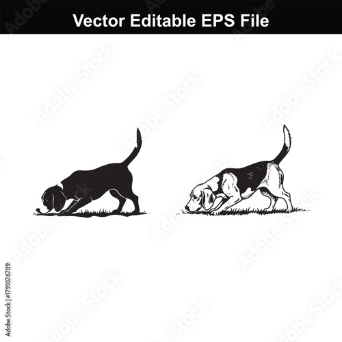 Two beagle dogs in a low stance, actively sniffing the ground, one in silhouette and the other in a detailed line drawing, suggesting focused investigation