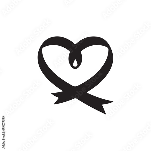 a simple black heart shape with a ribbon banner and a teardrop detail a striking silhouette