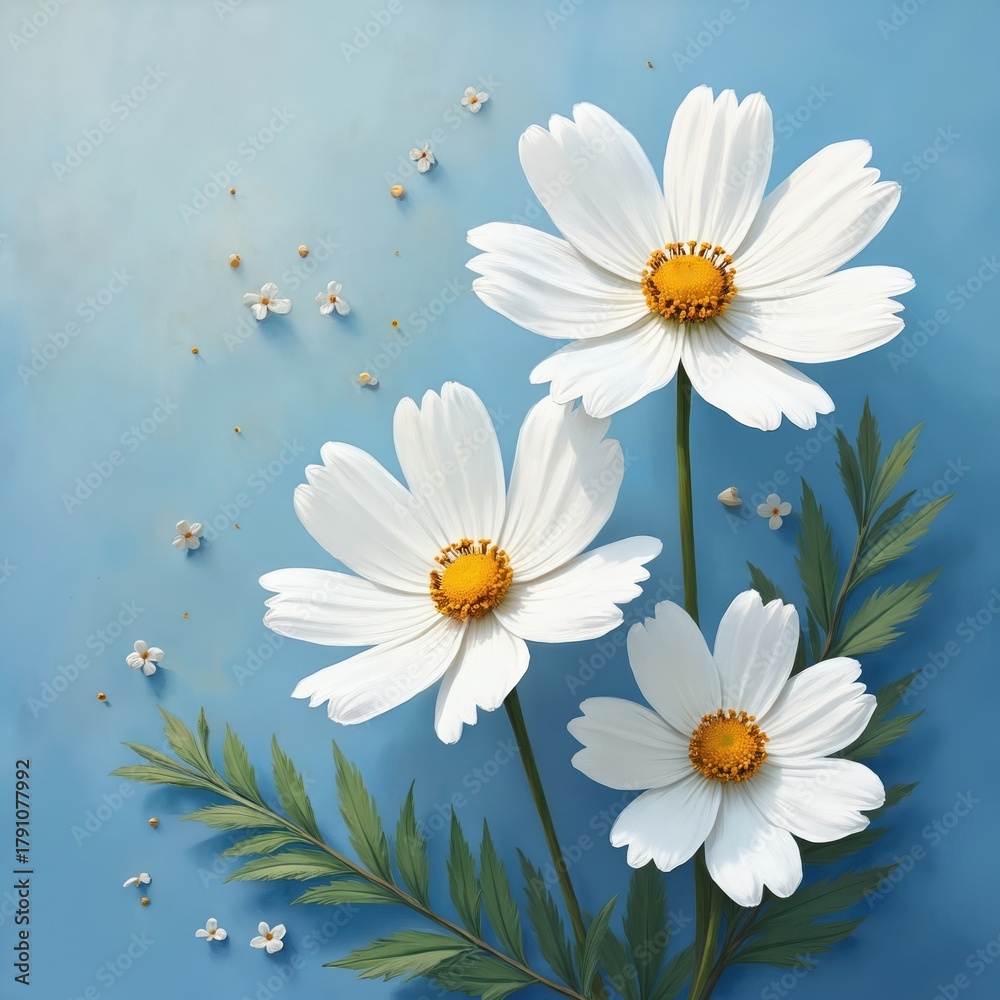 Fototapeta premium White cosmos flowers with bright yellow centers, green leaves bloom on light blue background. Tiny white petals, golden pollen dots float around. Abstract painting feels fresh, natural, springtime.