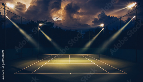 Dramatic nighttime view of an empty tennis court with powerful spotlights illuminating the scene
