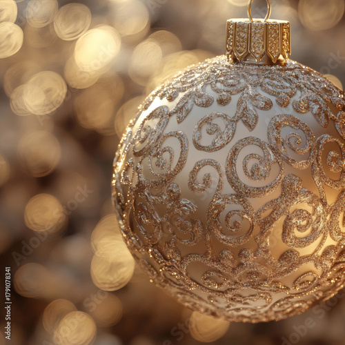 Metallic sphere ornament with intricate filigree pattern