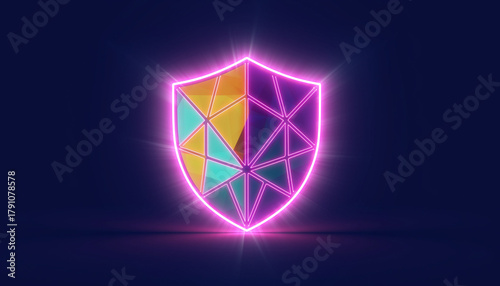 A glowing, geometric shield design with vibrant colors against a dark blue background.