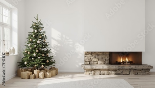 modern living room, A photo frame mockup hangs above the fireplace in a cozy, bright Scandinavian-style kitchen interior. It's snowing outside, and there's a Christmas tree by the fireplace.