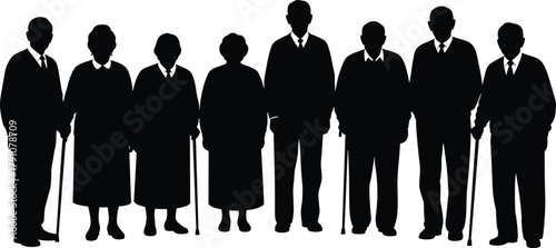 Silhouette of elderly men and women standing together with walking sticks, senior people group illustration, retirement concept vector design
