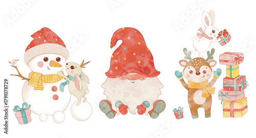 Adorable Christmas clipart set with gnome, snowman, reindeer, bunny, and gifts in soft pastel colors. Perfect for holiday cards, stickers, posters, and festive winter design projects