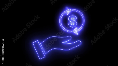 Money sign icon with exchange arrows, over hand, animated in neon light