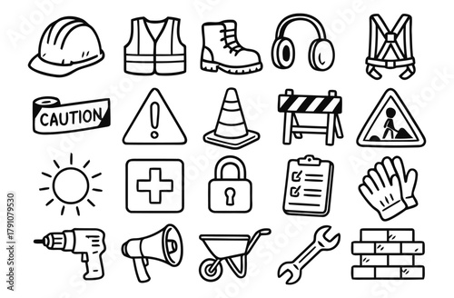 caution, icon, miscellaneous, cone, safety, design, road, protection, drawn, tape, gloves, padlock, sign, megaphone, description:, nujgy3vn3ytu8sz3afguuedwzv9cw9b2, work, representing, black, bricks, 