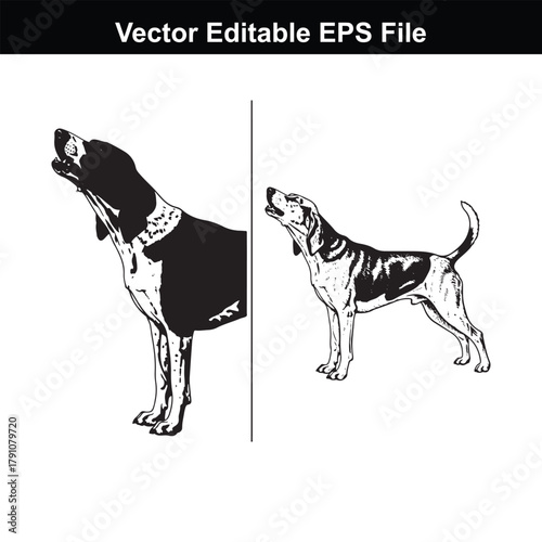 Two beagle dogs, one in silhouette and one in line art, howling on a