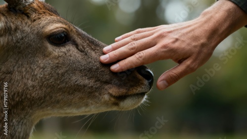 Hand Gently Petting a Deer in Nature