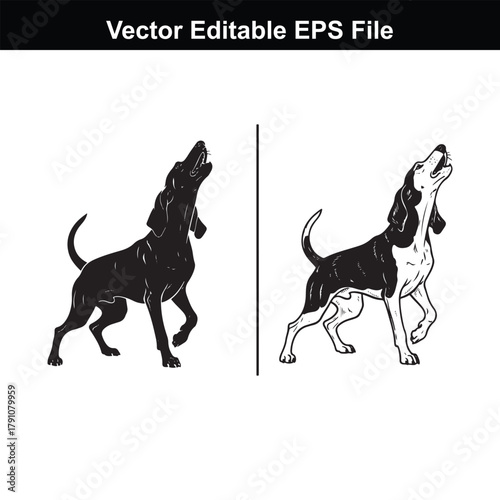 Two beagle dogs, one in silhouette and one in line art, howling on a