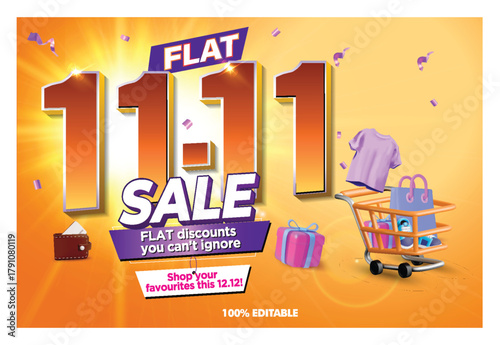 Flat Sale 11.11 Promotion Template, 3D Text Number twelve on Dark Background and LED Neon Lights. Flash Sales Campaign, Special Offer Up to 75%, 50% and 30% Off,