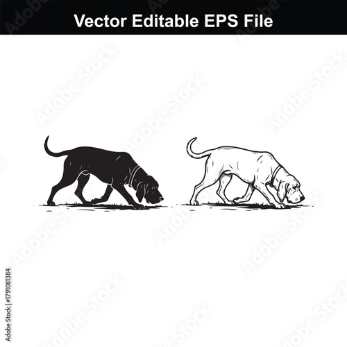 Two dogs, one black silhouette and one line drawing, sniffing the ground