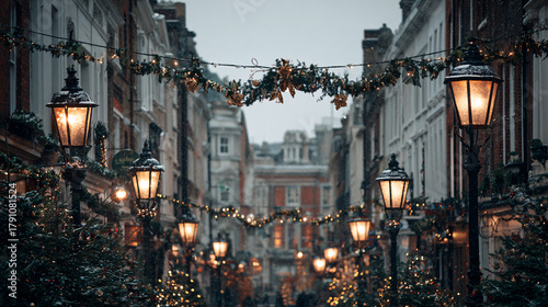 Fototapeta Naklejka Na Ścianę i Meble -  Christmas street view with decorated lamp posts and garlands 