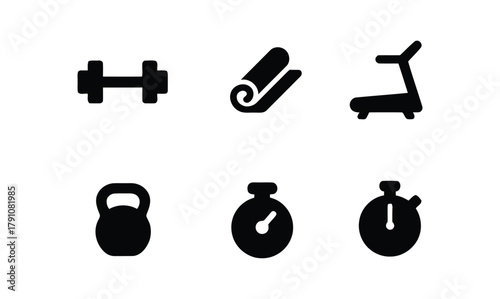 fitness, exercise, sport, workout, gym, health, icons, symbols, dumbbell, yoga mat, treadmill, kettlebell, stopwatch, timer, fitness icons, exercise icons, sport icons, workout icons, gym icons, healt