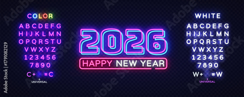 Neon text 2026 Happy New Year in the center, surrounded by glowing colorful and white alphabet and numbers. Editable universal font concept for vibrant designs. Vector illustration