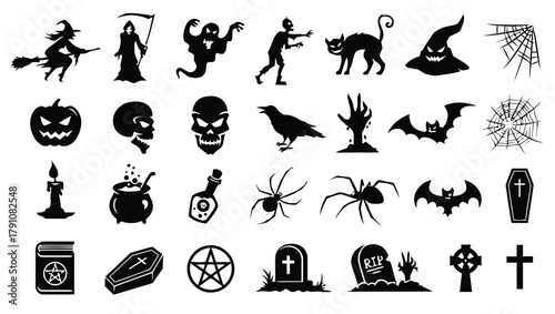halloween, icon, silhouette, spooky, scary, ghost, witch, zombie, skeleton, skull, bat, spider, web, pumpkin, coffin, tombstone, candle, cauldron, potion, grim reaper, black cat, hat, cross, pentagram