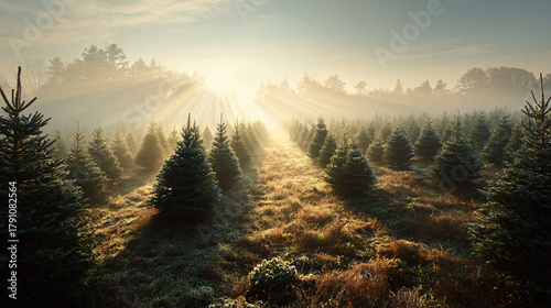 Christmas tree field under bright morning light 
