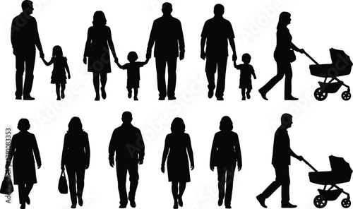 Silhouette of family walking with children and stroller, parenting lifestyle concept, happy family relationship vector illustration design for community