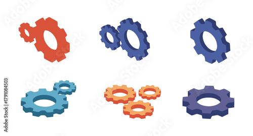 gears, cogs, machinery, mechanical, engineering, industry, connection, teamwork, process, mechanism, interlocking, parts, components, isometric, 3d, illustration, red, blue, orange, purple, white back