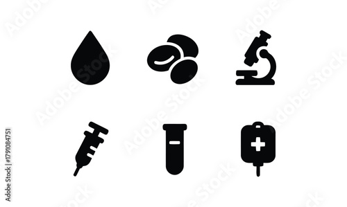 medical, science, healthcare, laboratory, research, biology, medicine, health, icons, symbols, drop, blood, coffee, beans, microscope, syringe, test tube, iv bag, health care, medical equipment, scien