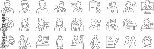 medical, healthcare, professionals, icons, set, doctor, nurse, surgeon, patient, ambulance, hospital, clinic, mri, medical equipment, first aid, checkup, consultation, elderly care, medical record, de