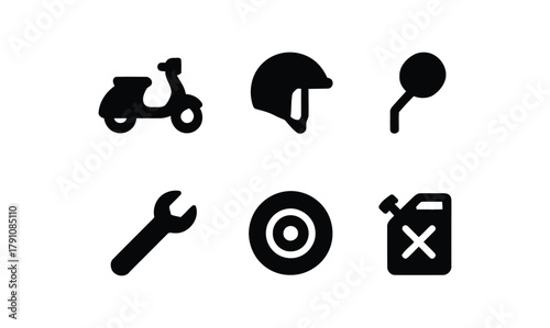 scooter, motorcycle, helmet, wrench, fuel can, mirror, wheel, transportation, vehicle, travel, repair, maintenance, service, tools, equipment, icon, symbol, graphic, design, black and white, simple, f