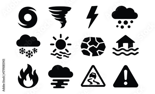 weather, disaster, icon, set, hurricane, tornado, lightning, snow, hail, sun, heatwave, earthquake, flood, fire, rain, storm, warning, road, slippery, danger, alert, symbol, graphic, illustration, nat