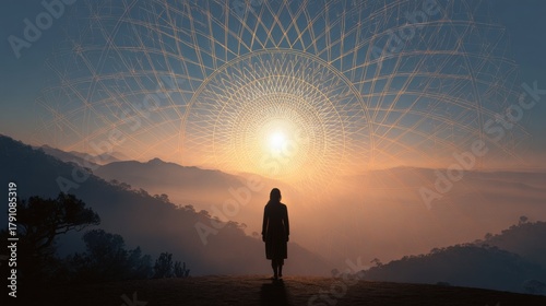 A woman stands on a hillside at sunset, looking out over a beautiful landscape. The scene is serene and peaceful, with the sun setting in the distance and the mountains in the background