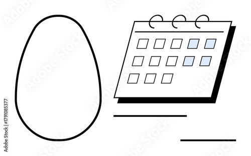 Egg shape paired with a ringed calendar featuring highlighted dates. Ideal for scheduling, planning, organization, time management, productivity, agriculture, simplicity. Minimal flat design metaphor