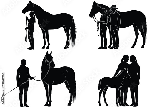 Silhouette of people standing with horses and foal, farm animal care concept, equestrian relationship vector illustration for agriculture design