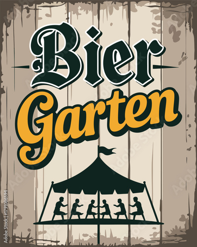 Bier garten festival banner with people silhouettes under large tent structure and wooden background planks.