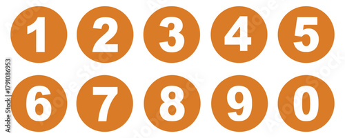 number, one, two, three, four, five, six, seven, eight, nine, zero, digit, counting, mathematics, numeral, symbol, graphic, design, element, icon, set, collection, orange, white, circle, isolated, whi