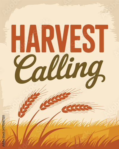 Harvest calling poster design with wheat stalks illustration and rural autumn field background texture graphic.