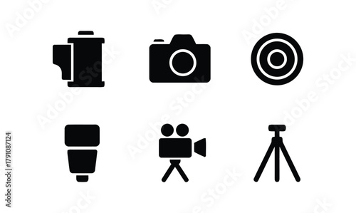 photography, videography, camera, film roll, reel, target, bullseye, flash, strobe, video camera, movie camera, tripod, camera stand, symbol, graphic, illustration, black and white, set, collection, i