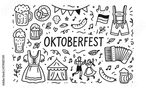 oktoberfest, festival, celebration, german, doodle, drawing, sketch, illustration, icon, symbol, element, collection, set, hand-drawn, white background, isolated, simple, festive, beer mug, pretzel, s