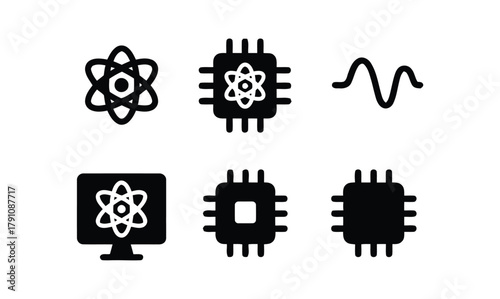 science, technology, atom, atomic, nucleus, electrons, computer chip, processor, cpu, microchip, circuit, wave, waveform, signal, oscilloscope, monitor, screen, display, computer, science icon, techno
