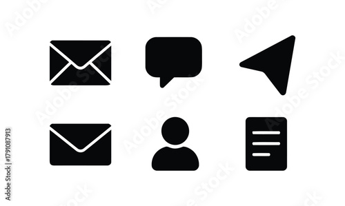 icon, set, communication, interface, user, symbol, mail, message, chat, speech bubble, navigation, arrow, user profile, person, document, list, black, white, graphic, design, element, application, sof