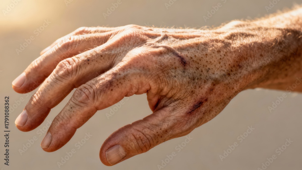Fototapeta premium Close-Up of an Elderly Caucasian Hand with Visible Scars and Wrinkles, Symbolizing Aging and Experience