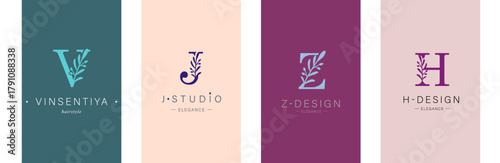 Logo V, J, capital letter Z, H. Monogram of Botanical Minimalistic, Initial. with Organic Plant Elements. Vector design.