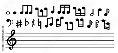 Musical notes on a musical line with a treble clef. Abstract vector melody. black and white.