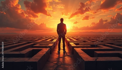 Rear view man faces huge maze at orange sunset. Person stands at labyrinth entrance, decide solution way. Conceptual of problem solving, goal setting, path choice and achieving victory.