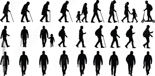 Silhouette of people walking in different ages and poses, urban lifestyle concept, family generation vector illustration for design use