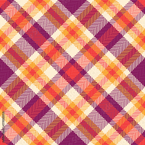 Warmtoned tartan pattern. A vibrant plaid design with orange, red, and purple hues offers cozy, autumnal vibes. Use for backgrounds, fabrics, or textures.