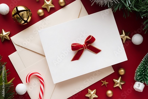 Festive Christmas Card Display with Ornaments and Decorations on Red Background