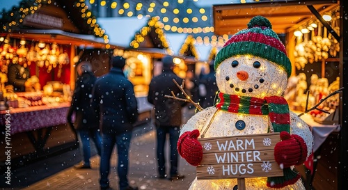 A whimsical snowman greets visitors with a friendly message at a bustling winter market, surrounded by twinkling lights, festive stalls, and bundled-up individuals enjoying the seasonal cheer.