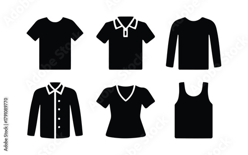 shirt, t-shirt, polo shirt, long sleeve, button down, v-neck, tank top, top, clothing, apparel, fashion, icon, symbol, silhouette, flat, design, graphic, vector, garment, wear, casual, formal, isolate