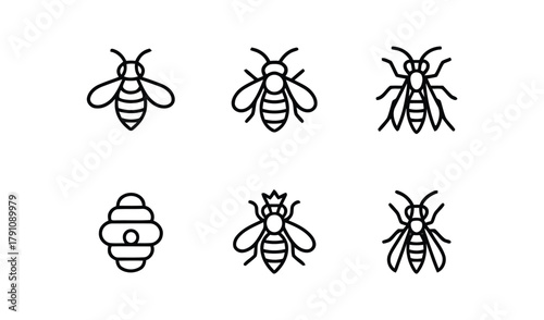 bee, icon, insect, hive, honey, queen bee, outline, simple, vector, drawing, animal, nature, wildlife, apiary, beekeeping, symbol, graphic, design, element, illustration, set, collection, minimal, cle